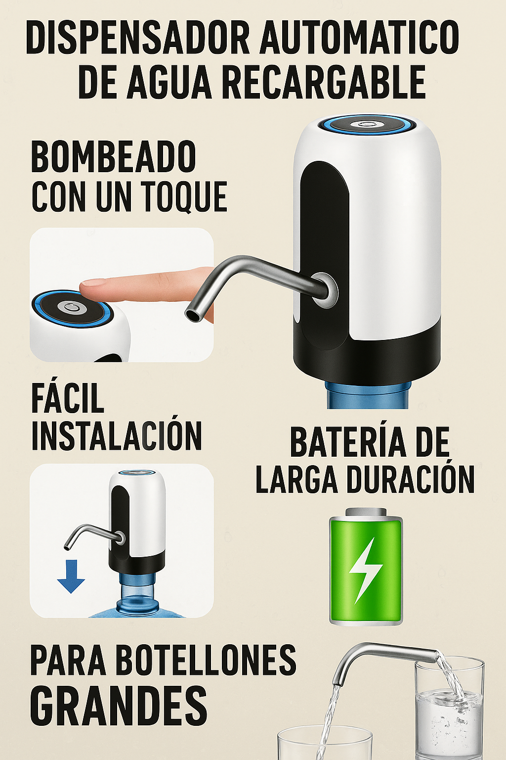 Dispensador Automático de Agua 💧 Sirve con un Botón (Recargable)